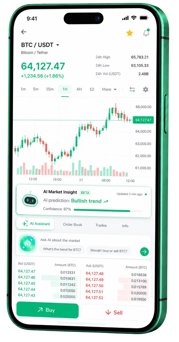 Zepvix AI — app móvil Pantalla móvil de trading en Zepvix AI